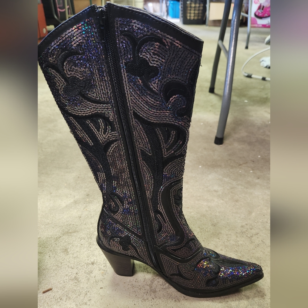Black Sequin Embellished Women's Boots